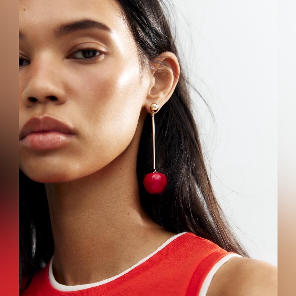 NWT. Zara Red Metal Cherry Earrings. - Picture 4 of 7